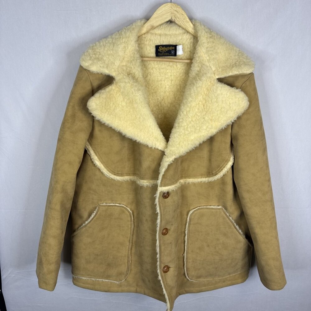 Vintage 70s Faux Sheepskin Shearling Jacket Light Tan Size XL